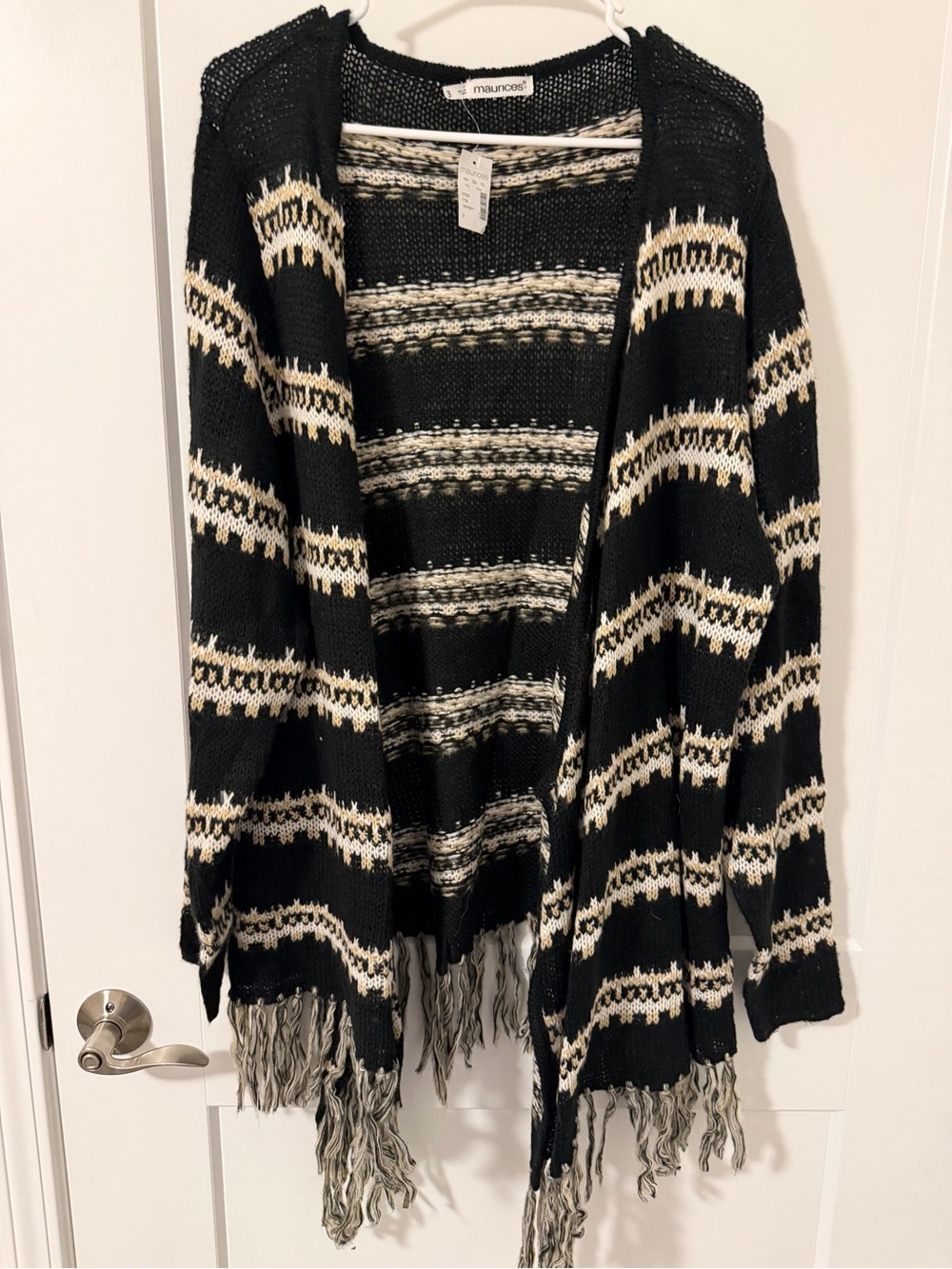 Maurices Black Cream Striped Open-Front Fringe Cardigan